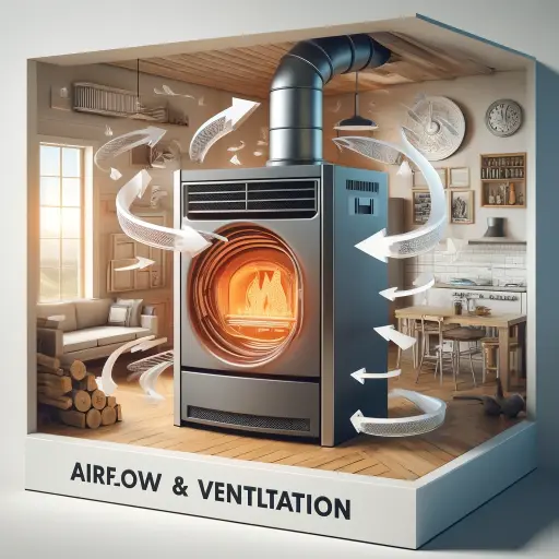 A visual emphasizing the importance of proper airflow and ventilation around a pellet stove, possibly showing a cutaway view of the stove with arrows