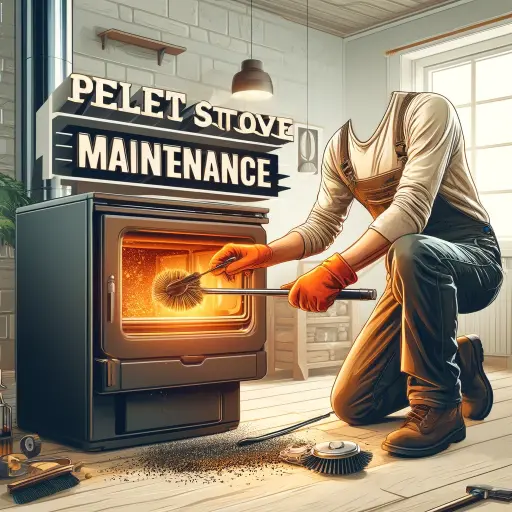 An image depicting someone performing maintenance on a pellet stove, emphasizing the tools and actions involved in regular upkeep. 