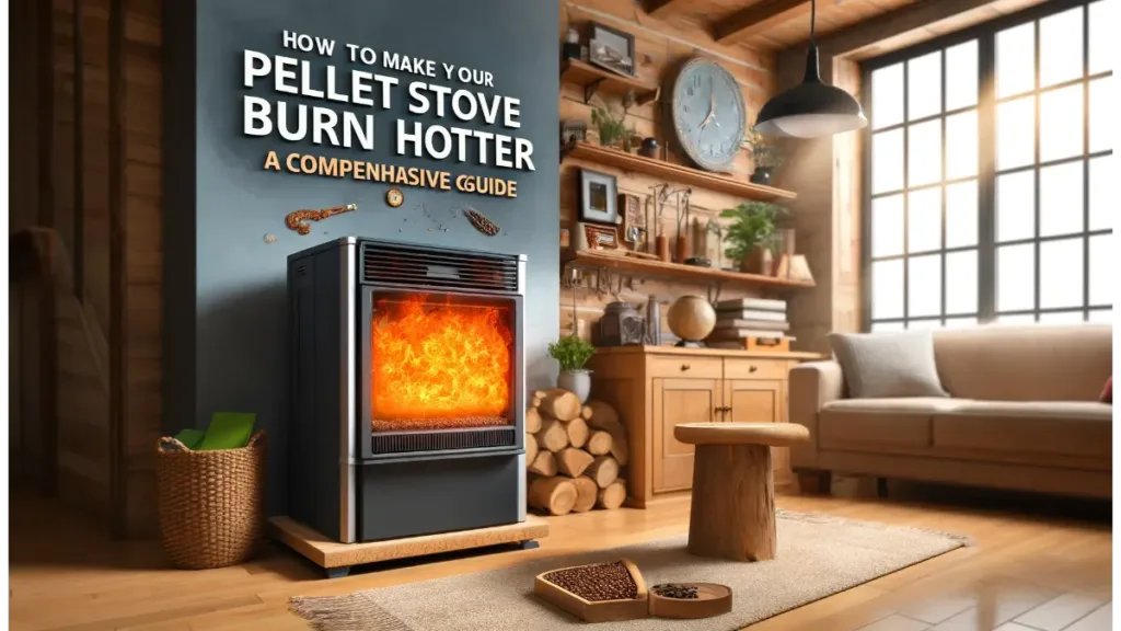 Feature Image-An inviting home setting featuring a pellet stove with vibrant, visible flames, suggesting a high burning temperature. The scene includes accessories
