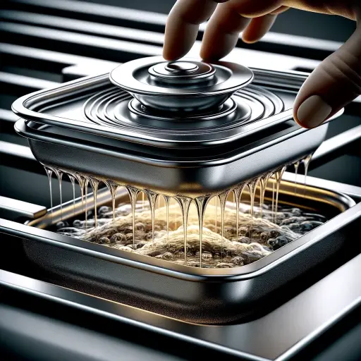 A close-up image of a double drip tray system in a gas cooktop, highlighting its advanced spill containment capabilities