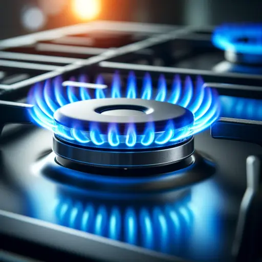 A close-up of gas stove burner with a vibrant blue flame, representing high BTU output