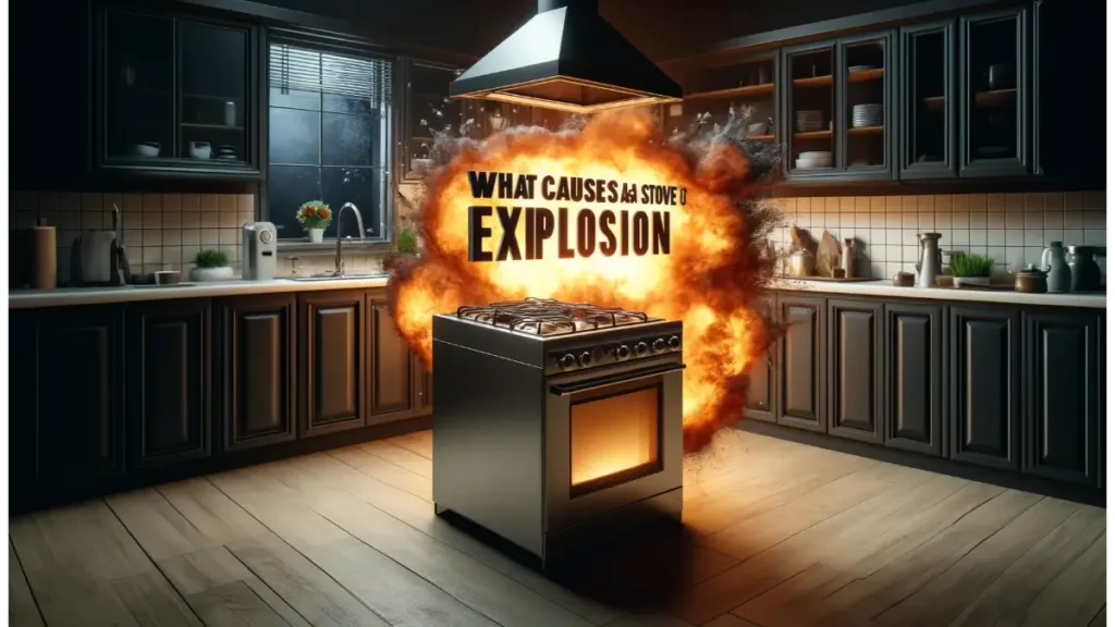What Causes a Gas Stove To Explode 12 A dramatic kitchen scene showing a gas stove with visual cues suggesting the potential for an explosion.