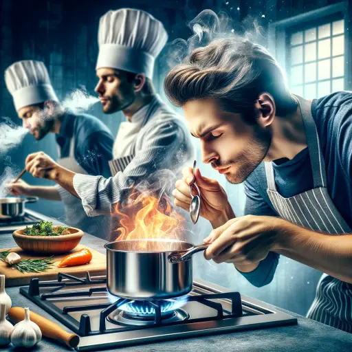 kitchen scene where a chef is engaging all senses while cooking on a gas stove