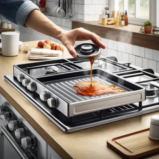 A kitchen scene demonstrating the easy cleanup process of gas stove spill trays