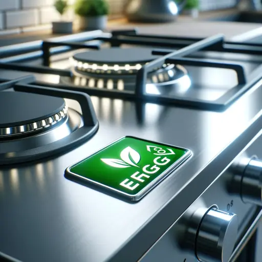 A modern gas stove with an eco-friendly icon or energy efficiency label prominently displayed