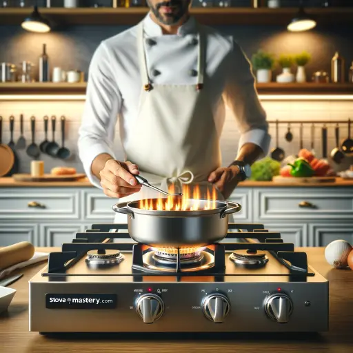 Chef adjusting flame on gas stove in a modern, well-equipped kitchen, highlighting precise temperature control