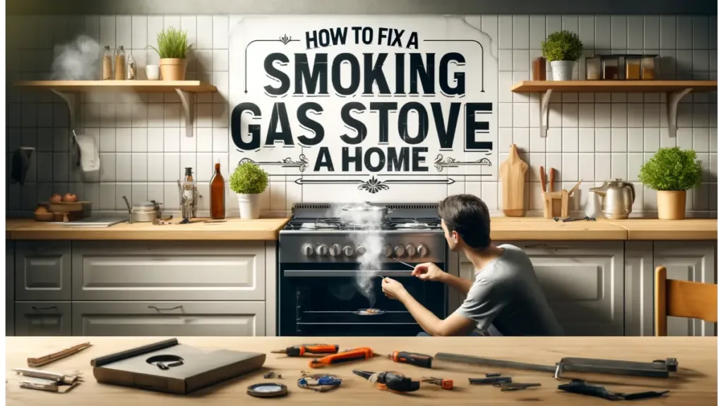 A practical kitchen scene showing a gas stove emitting smoke, with a person troubleshooting the issue using tools and checking connections.