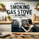 A practical kitchen scene showing a gas stove emitting smoke, with a person troubleshooting the issue using tools and checking connections.