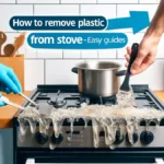 A practical kitchen scene showing a stove with melted plastic stuck on it, and a person using tools like a scraper or heat-resistant gloves to remove.