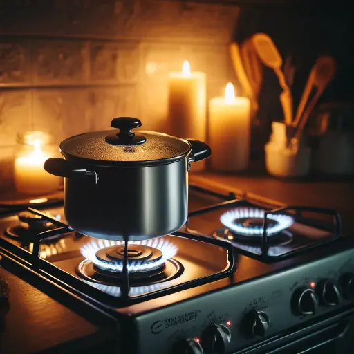 Cozy kitchen illuminated by candlelight with a gas stove operating during a power outage, emphasizing reliability