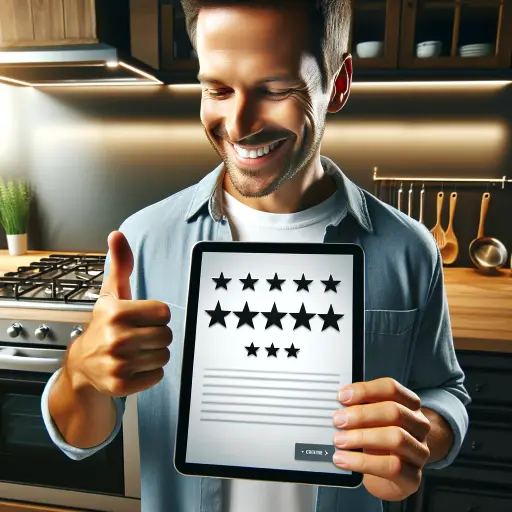 satisfied customer in a modern kitchen, smiling as they look at a five-star review on a digital tablet