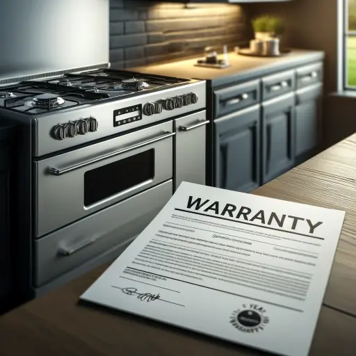 Depiction of warranty card or certificate in the foreground with a sleek, modern gas stove