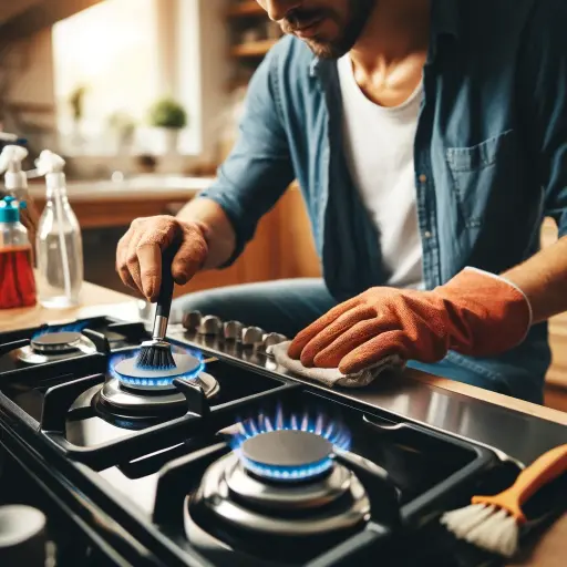 Fix Red Flame on Gas Stove: Quick Solutions for Efficient Cooking 7 person doing routine maintenance of a gas stove, like cleaning the burners