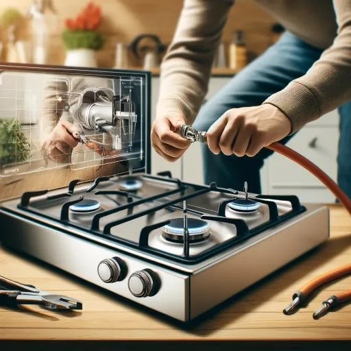 Common Auto Ignition Gas Stove Problems and Solutions 1 In a modern kitchen, an individual is inspecting and tightening connections on an auto ignition gas stove, with a focus on a gas hose. The scene shows