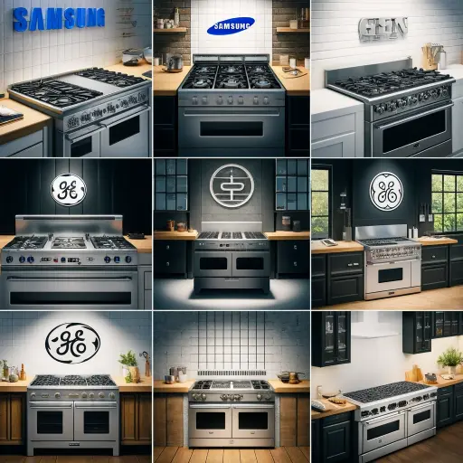 A collage of gas stoves from reputable brands like Samsung, GE, and Viking, each displayed with their respective logos.