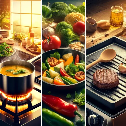 A collage of dishes that require different heat settings_ a simmering pot of soup, a pan with sautéing vegetables, and a griddle with a seared steak