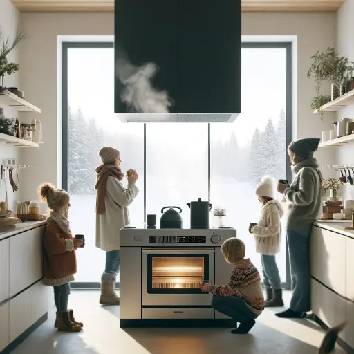 A cozy Scandinavian kitchen during winter, featuring a modern, sleek stove