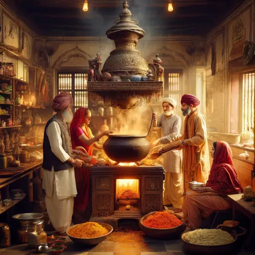 A traditional Indian kitchen scene, featuring a group of people gathered around an old, ornate wood-fired stove