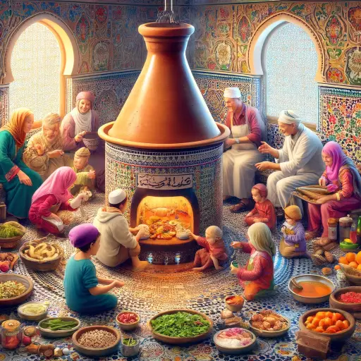 A vibrant Moroccan kitchen scene, featuring a traditional clay stove called a 'tajine'. Around the stove, a multi-generational family