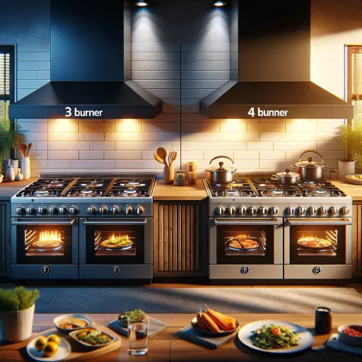 "Heat Things Up: Should You Choose a 3 Burner or 4 Burner Gas Stove?" 1 comparison 3 burner gas stove vs 4 burner gas stove in a modern kitchen setting.