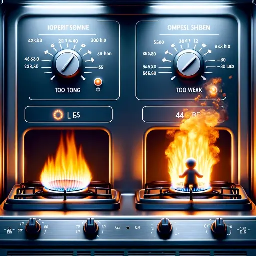 An image showing two different pilot light flames_ one too strong and one too weak, to illustrate improper settings