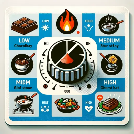 An infographic showing a gas stove knob at different settings_ low, medium, and high