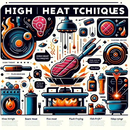 infographic for 'High Heat Techniques' on a gas stove. Focus on methods like searing meat and flash frying