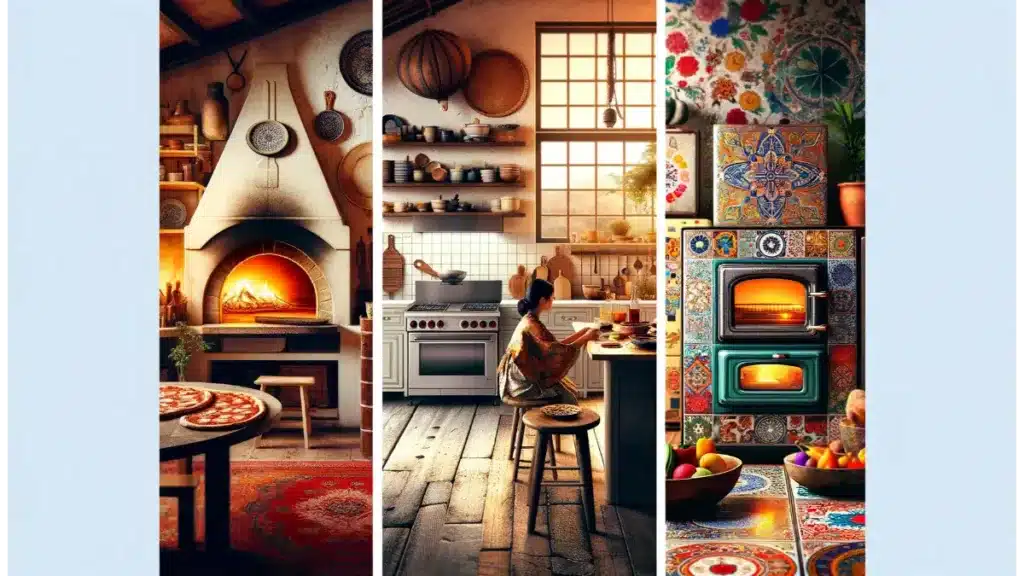 Feature image A collage of three different kitchens representing various global cultures, centered around their traditional stoves