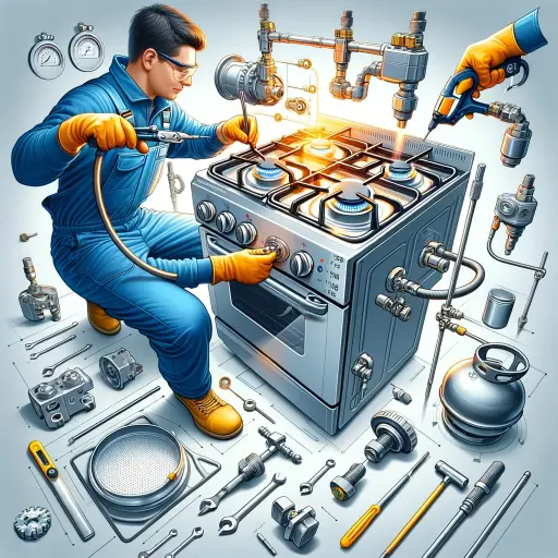 Visual depiction of a gas stove being professionally installed by a technician