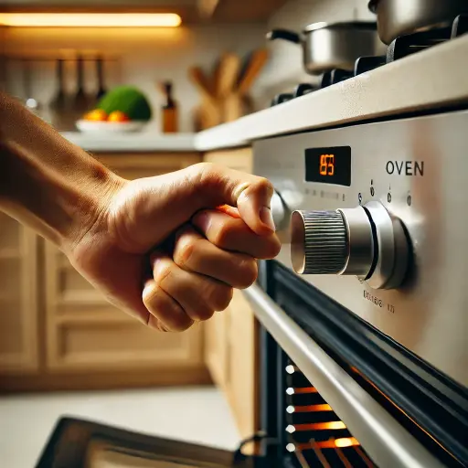 a person keeping oven knob pushed in