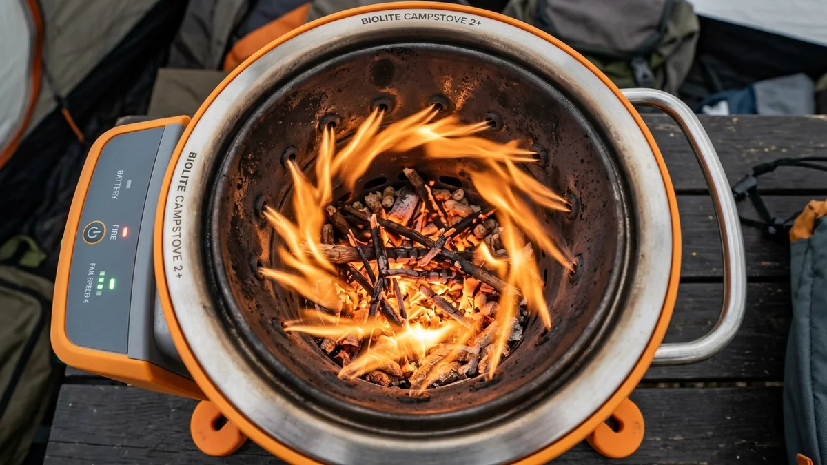 Top down view of BioLite CampStove 2 Plus stainless steel combustion chamber with internal cyclonic micro-jets creating smokeless fire