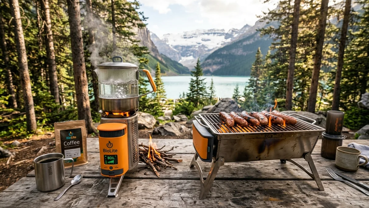 BioLite CampStove 2 Plus fitted with KettlePot boiling water alongside the Portable Grill accessory cooking food at camp table
