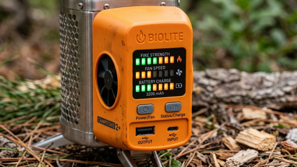 Macro close up of BioLite CampStove 2 Plus orange powerpack showing LED bar graphs for fire strength fan speed and 3200 mAh battery