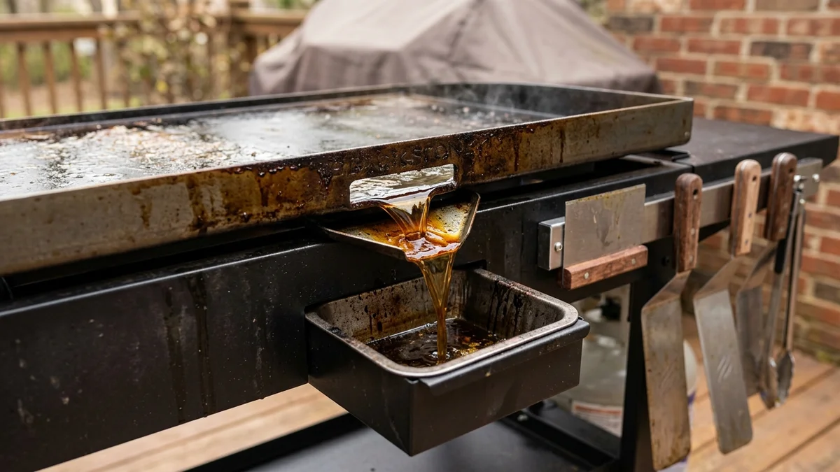 Close-up of Blackstone patented rear grease drainage slot funneling excess oil into catch cup with magnetic spatula holder on side shelf