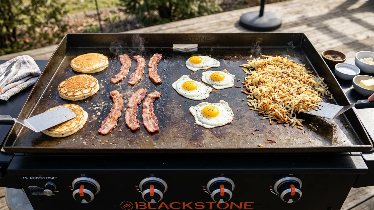 Overhead view of Blackstone 36 inch griddle cooking pancakes bacon fried eggs and hashbrowns simultaneously across 4 heat zones