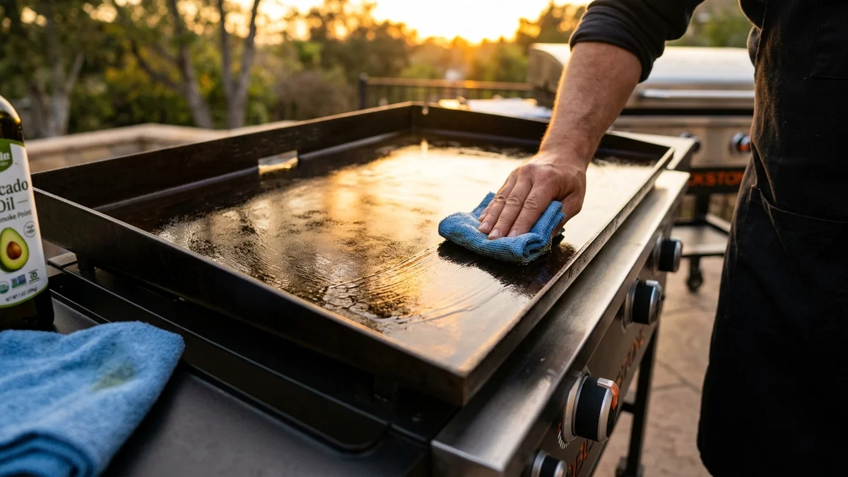 Chef applying a micro-thin layer of high smoke point cooking oil to season the jet black polymerized steel surface of a Blackstone griddle
