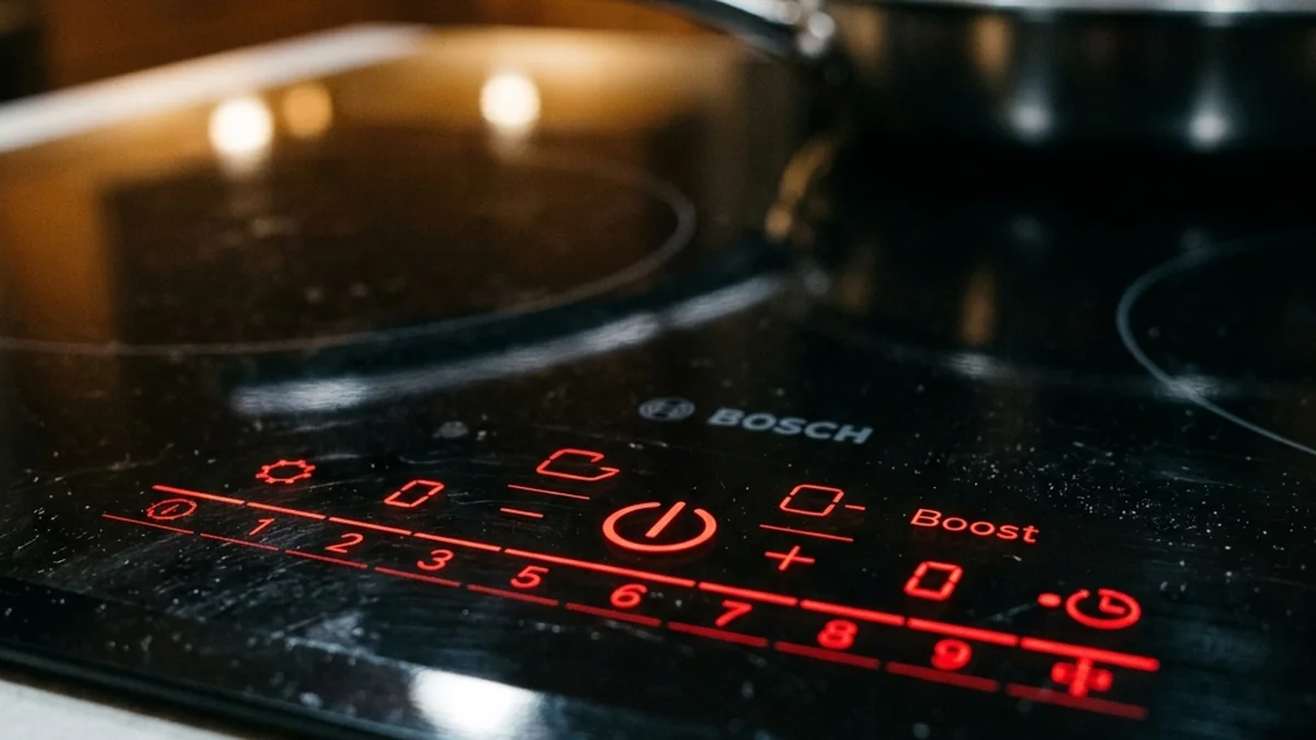 close-up of Bosch PreciseSelect touch control panel glowing red on black ceramic glass cooktop surface