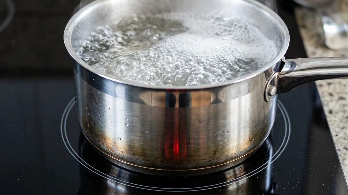 close-up of a boiling stainless steel pot of water on a Bosch induction cooktop burner with SpeedBoost active