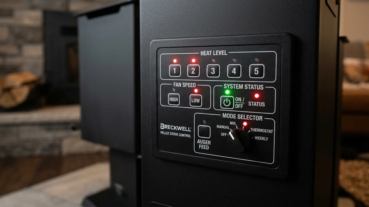 Breckwell Pellet Stove Review: High-Efficiency Biomass Heating & Real-World Reliability 2 Close up of Breckwell digital electronic control panel with illuminated LED indicators for 1 to 5 heat levels fan speed and thermostat mode