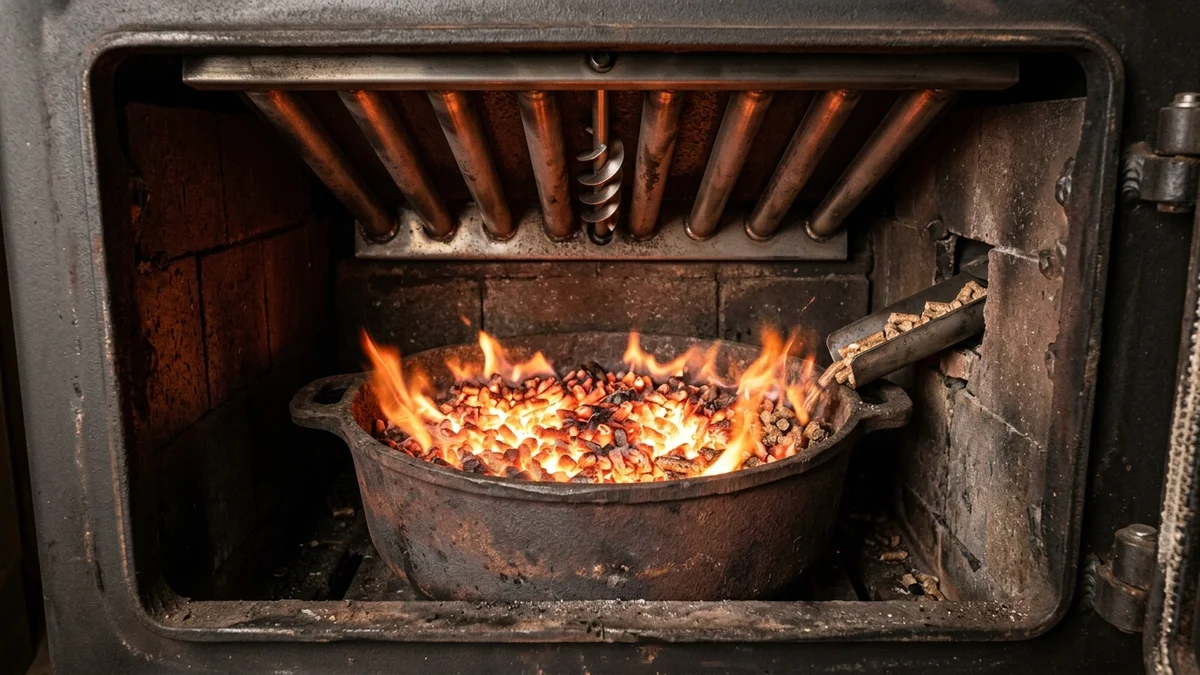 Breckwell Pellet Stove Review: High-Efficiency Biomass Heating & Real-World Reliability 1 Detailed interior of Breckwell pellet stove firebox showing heavy cast iron burn pot glowing with wood pellets and upper heat exchanger tubes