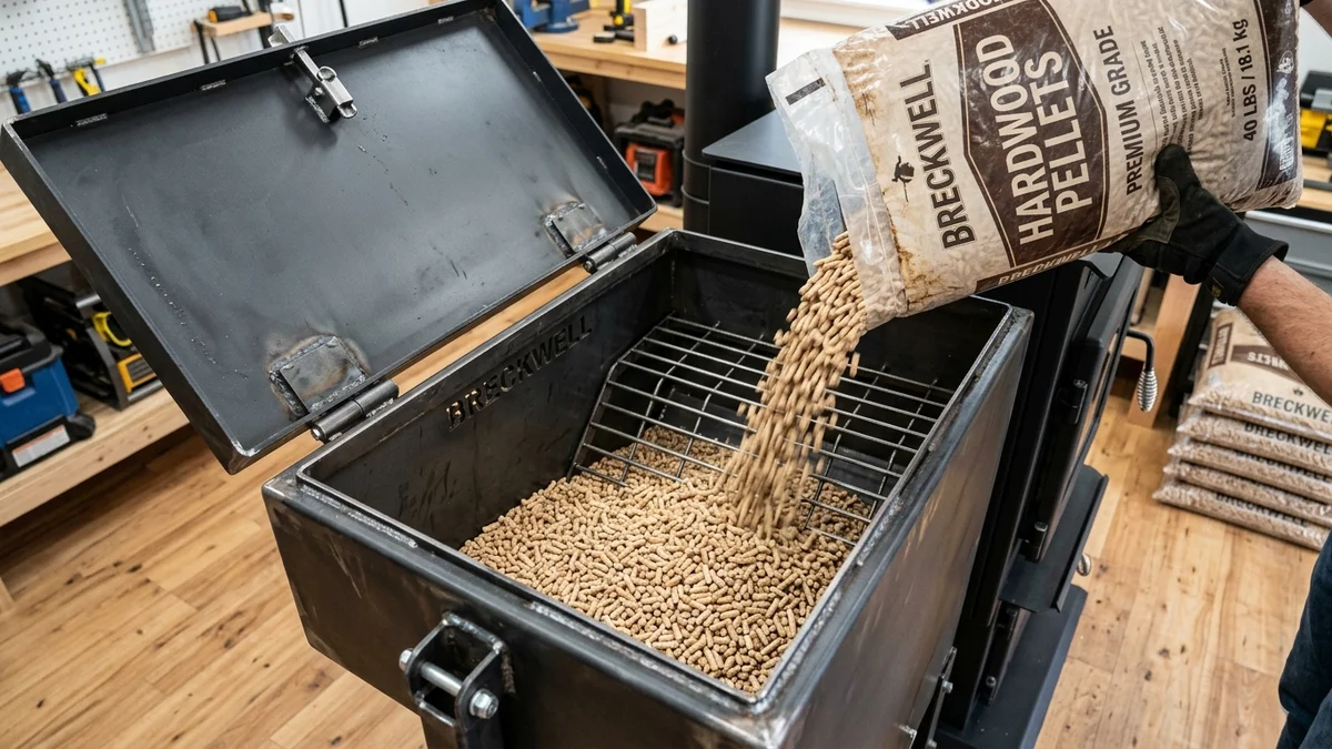 Breckwell Pellet Stove Review: High-Efficiency Biomass Heating & Real-World Reliability 3 Top down view of open top fuel hopper on a Breckwell pellet stove being filled with premium hardwood wood pellets from a 40 lb bag