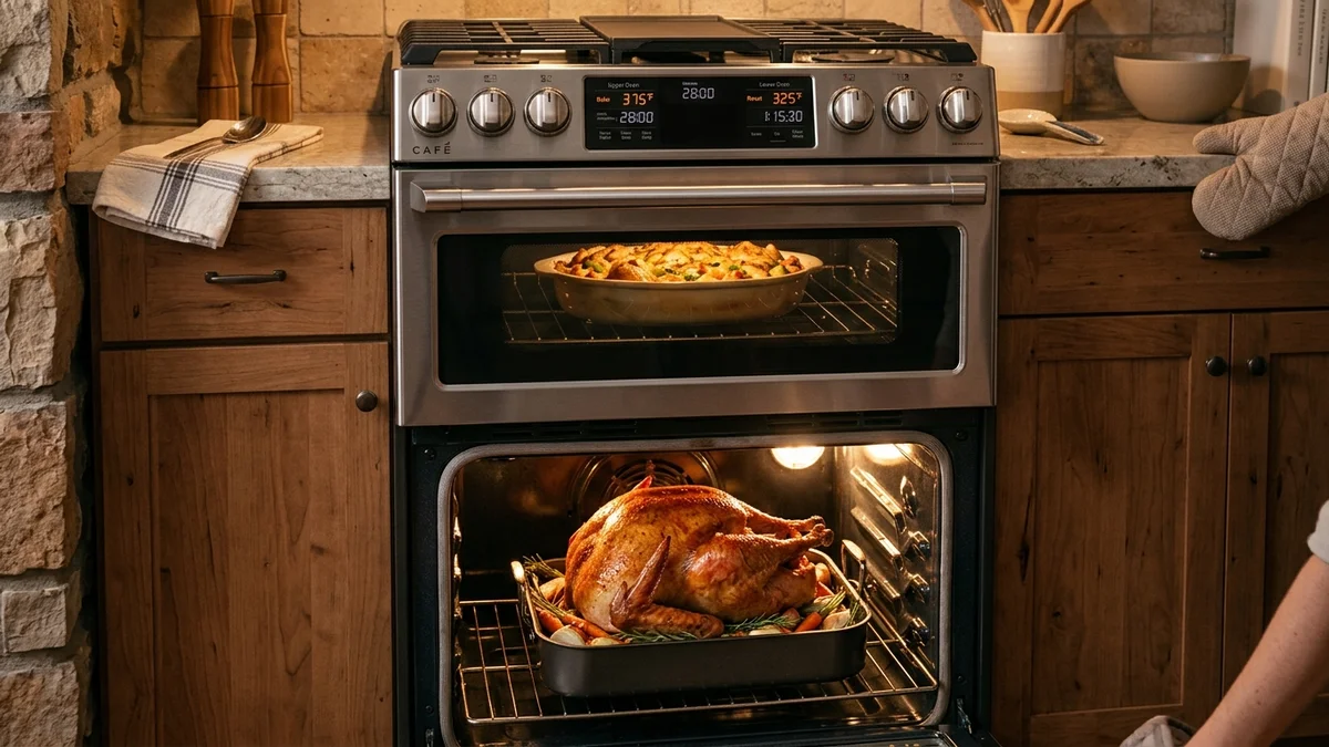 Café Induction Range Review: Luxury Design Meets Electromagnetic Precision 3 Café Double Oven Interior Baking Two Dishes Simultaneously