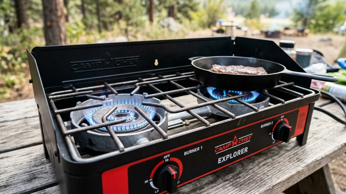 Camp Chef Explorer dual 30000 BTU cast aluminum burners with blue flame output and steel cooking grates