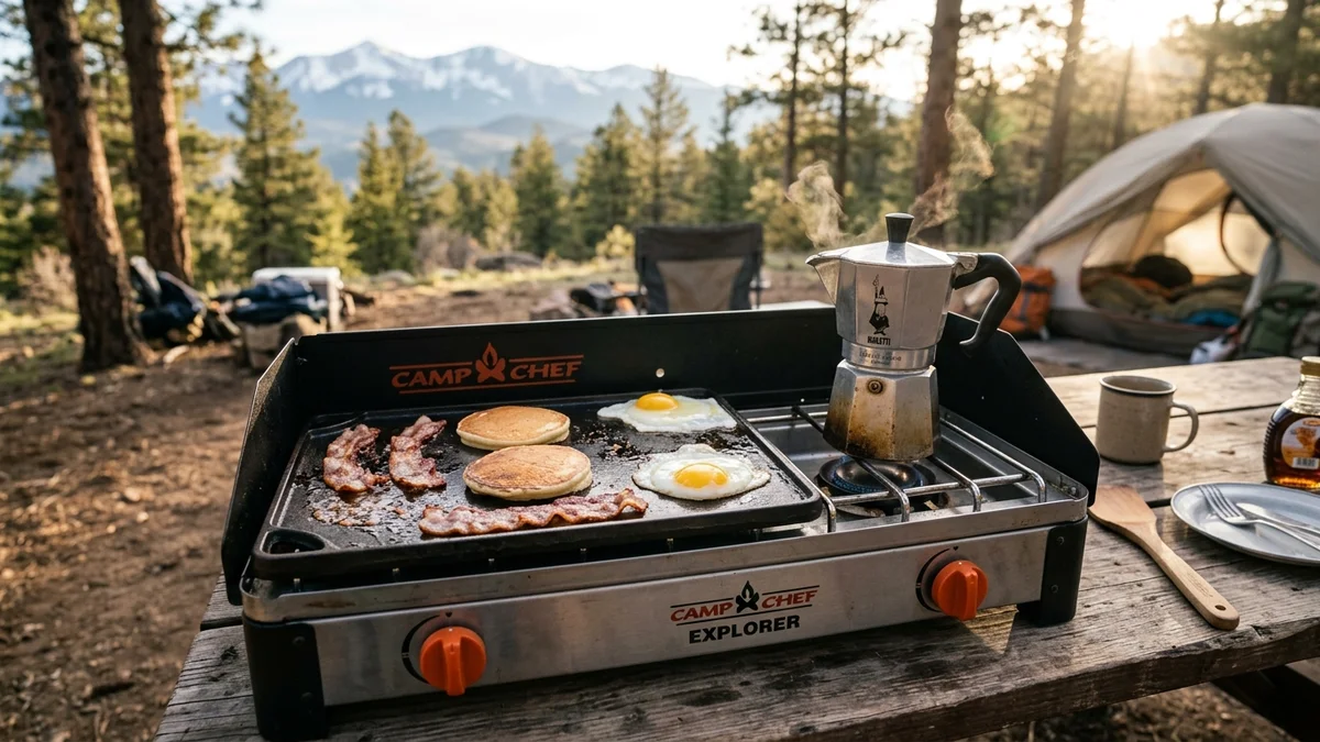 Camp Chef Explorer stove equipped with 14-inch reversible cast iron griddle cooking pancakes bacon and eggs outdoors