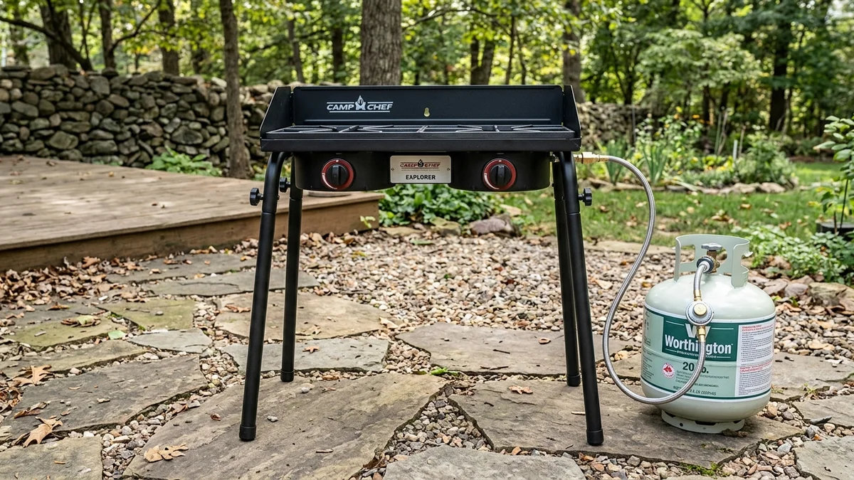 Camp Chef Explorer standing at ergonomic 29-inch cooking height on detachable tubular steel legs connected to 20 lb propane tank