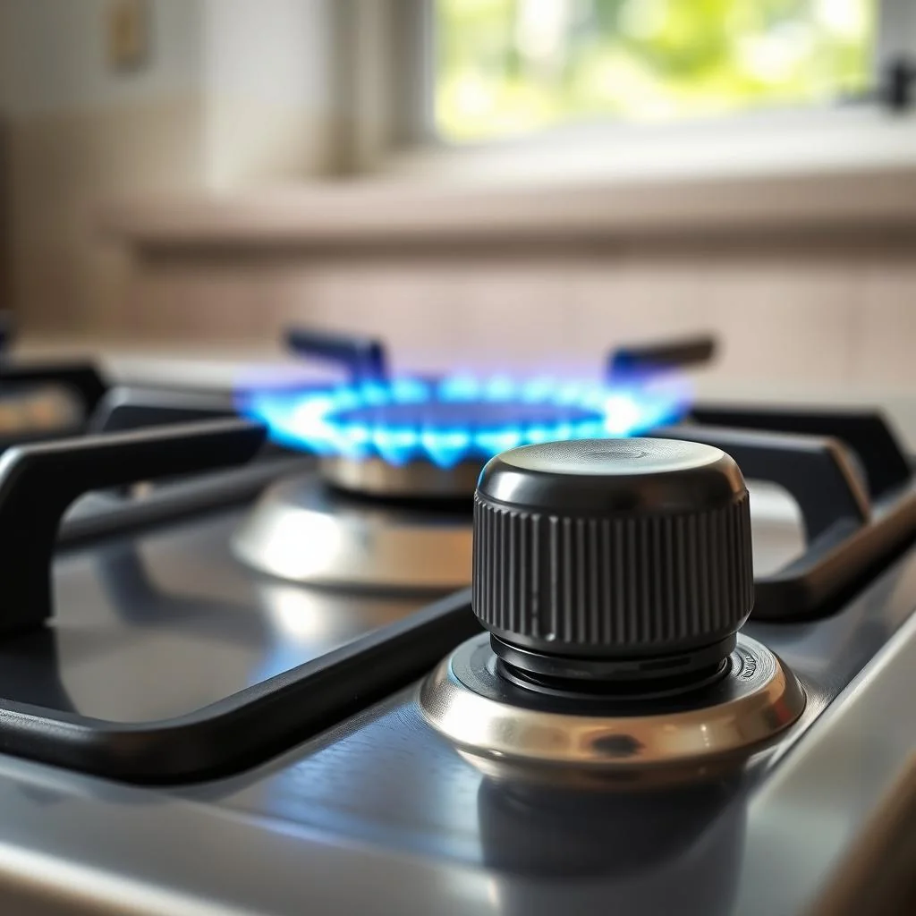 Gas Stove Heat Settings Explained: Low, Medium, and High 1 gas stove burner knob turned to medium heat setting with blue flame visible