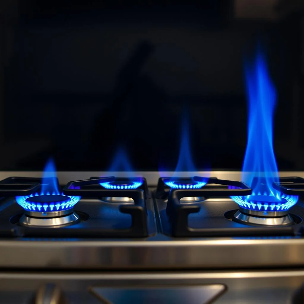 Gas Stove Heat Settings Explained: Low, Medium, and High 2 side-by-side comparison of gas burner flames from low to high heat settings showing flame height progression