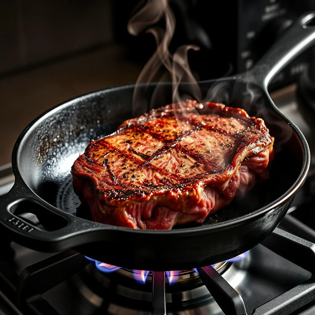 Gas Stove Heat Settings Explained: Low, Medium, and High 3 cast iron skillet on high heat gas burner with steak being seared showing maillard browning