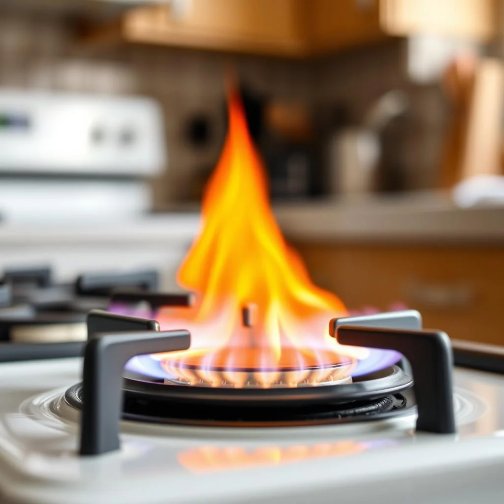 close-up of gas stove burner showing high orange flame lifting off burner ports