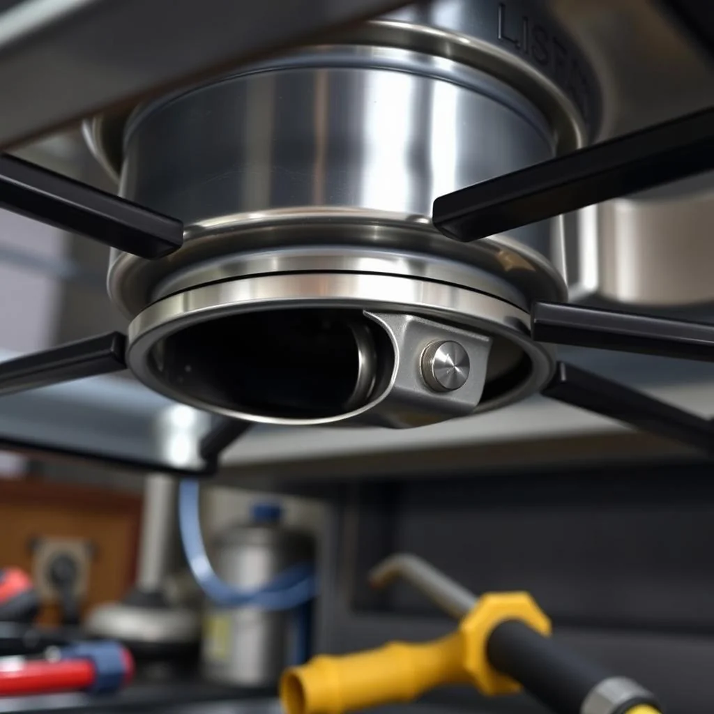 gas stove burner tube air shutter collar with adjustment screw visible beneath cooktop